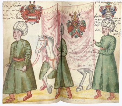 Sider fra albumet Amicorum av Julius Pflug, inkludert tyrkisk kostyme og våpenskjold, 1600-13 av European School