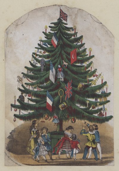 Folk under et juletre, gratulasjonskort (farge litho) av European School