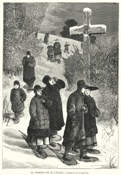 Folk med truger som returnerer fra kirken på søndag, Canada (litho) av European School