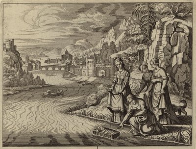 Faraos datter oppdager spedbarnet Moses som flyter på Nilen (gravering) av European School