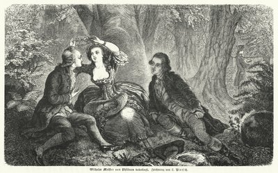 Philinen som kroner Wilhelm Meister med en krans: scene fra Johann Wolfgang Goethes roman Wilhelm Meisters Lehrjahre (gravering) av European School