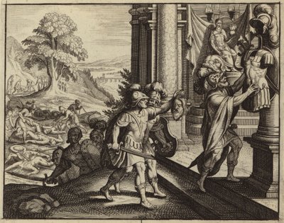 Filisterne setter hodet til Saul i tempelet til sin gud Dagon (gravering) av European School