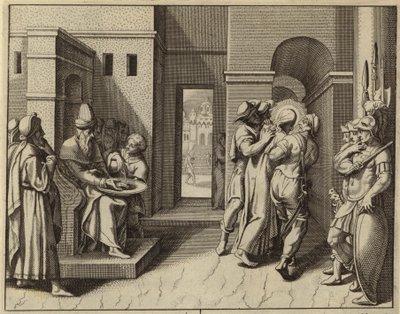 Pontius Pilatus vasker hendene etter at Jesus Kristus er dømt til døden (gravering) av European School