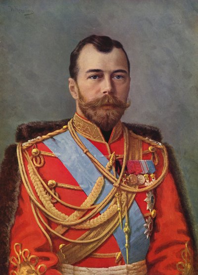 Portrett av tsar Nicolas II (farge litho) av European School