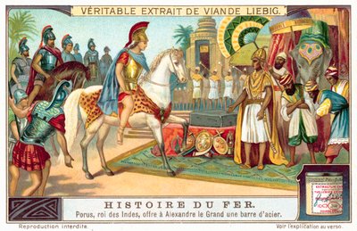 Porus, kongen av Pauravas, tilbyr Alexander den store en stålstang (chromolitho) av European School