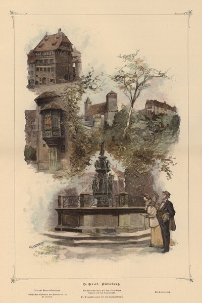 Fremtredende bygninger i Nürnberg, Tyskland (farget gravering) av European School