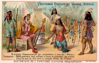 Quipus , system for kommunikasjon ved bruk av knyttede strenger, Peru (chromolitho) av European School