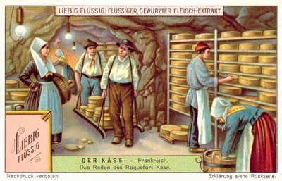 Roquefort-oster som modnes i Frankrike (chromolitho) av European School