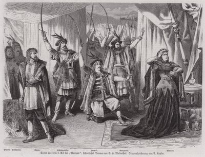 Scene fra akt III av den tyske dramatikeren Salomon Hermann Mosenthals historiske drama Maryna (gravering) av European School