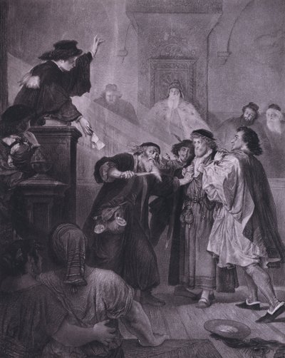 Scene fra Shakespeares The Merchant of Venice (Act IV, Scene 1) (litho) av European School