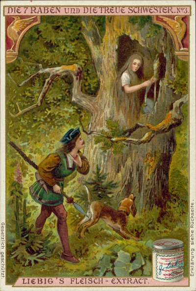 Scene fra De syv ravner, Brødrene Grimms eventyr (chromolitho) av European School