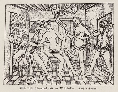 Scene i et Frauenhaus, et tysk bordell fra senmiddelalderen (gravering) av European School