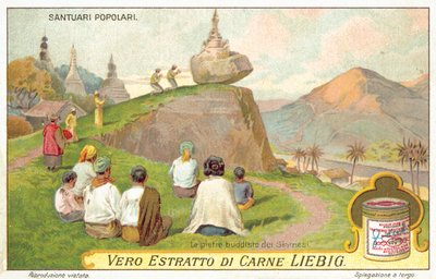 Siamesiske buddhister som tilber ved en balanserende steinhelligdom (chromolitho) av European School