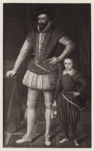 Sir Walter Raleigh og hans sønn (litho) av European School