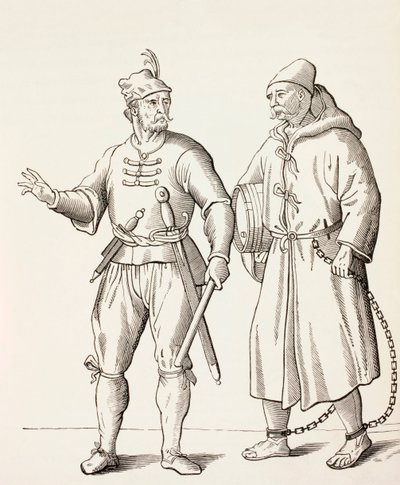 Byssesoldat fra det sekstende århundre med en bysseslave, ca. 1880 av European School