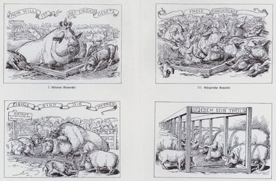 Sosialistisk tegneserie fra 1895 om forskjellige styreformer (litho) av European School
