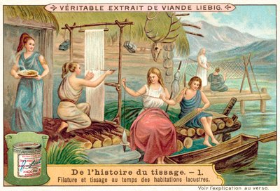 Spinning og veving i en gammel landsby ved innsjøen (chromolitho) av European School
