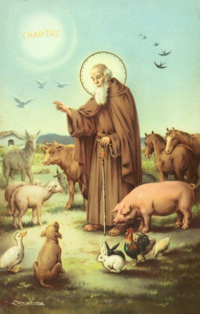 Frans av Assisi omgitt av dyr (fargelitografi) av European School