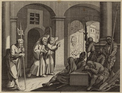 St Peter befridd fra fengselet av en engel (gravering) av European School