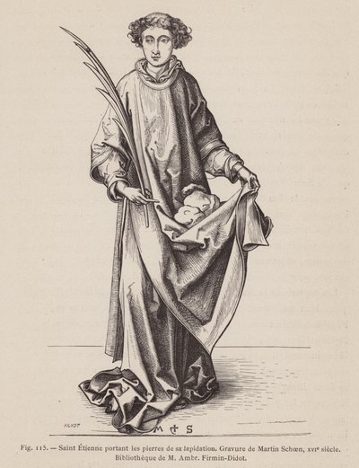 St Stephen bærer en martyrs palmeblad og steinene som ble brukt i hans martyrium (gravering) av European School