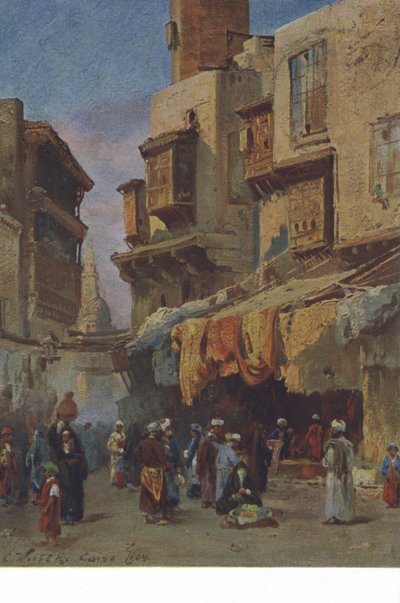 Gatescene fra Kairo, Egypt (fargelitografi) av European School