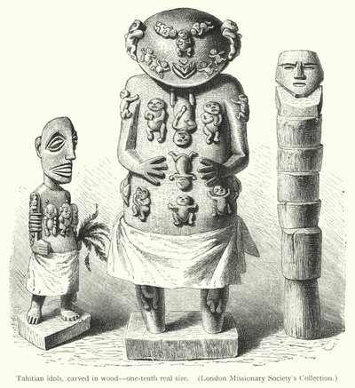 Tahitiske idoler, skåret i tre (gravering) av European School