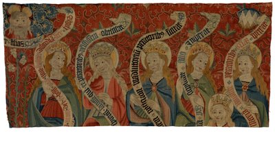 Tapetfragment som viser den allmektige og seks hellige kvinner, sannsynligvis fra et antependium, slutten av 1400-tallet (ull) av European School