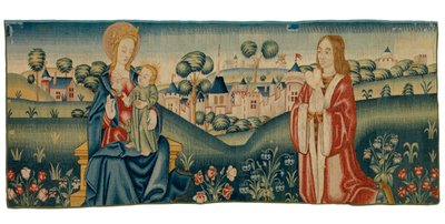 Billedteppefragment av mille fleurs som viser den hellige Benedikt som presenterer sitt hjerte for Jomfru Maria av European School