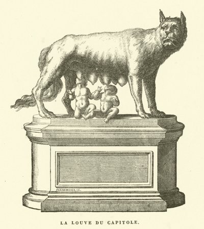 Capitoline Wolf, bronseskulptur som viser ulven som dier Romulus og Remus, tvillinggrunnleggerne av Roma (gravering) av European School