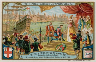 Mottakelsen av Francis Drake til London fra Sør-Amerika i 1581 (chromolitho) av European School