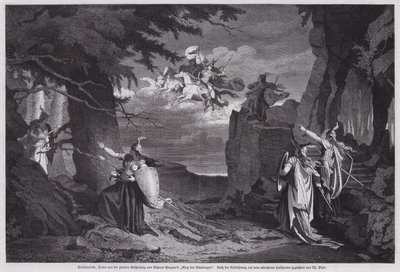 The Ride of the Valkyries, scene fra Die Walkure, den andre operaen av Richard Wagners Der Ring des Nibelungen, fremført på Nationaltheatret, München (gravering) av European School