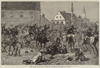 Opptøyene i Kroatia, husarer som sprer opprørere ved Agram (gravering) av European School