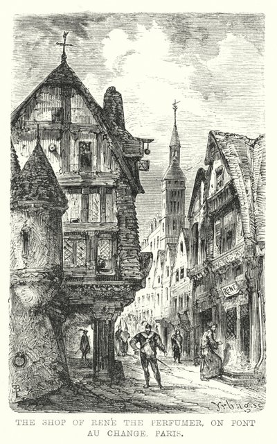 Butikken til Parfymeren Rene, på Pont au Change, Paris (gravering) av European School
