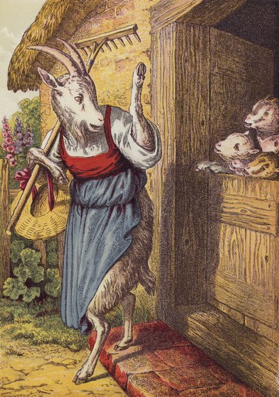 Ulven og de syv unge geitene (farge litho) av European School