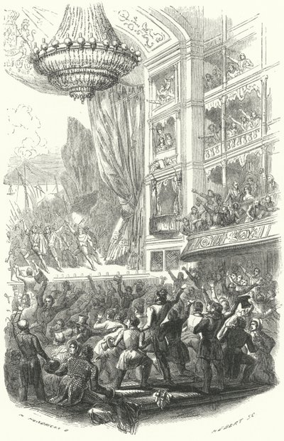 Begynnelsen på den belgiske revolusjonen: fremføring av Daniel Aubers opera La Muette de Porcini ved Theatre de la Monnaie i Brussel, 25. august 1830 (gravering) av European School