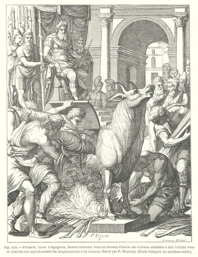 Den frekke oksen: instrument for tortur og henrettelse ved ild brukt av den antikke greske tyrannen Phalaris fra Akragas (Agrigento), Sicilia (gravering) av European School