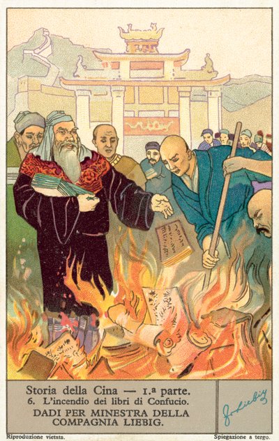 Brenningen av bøkene til Confucius (chromolitho) av European School
