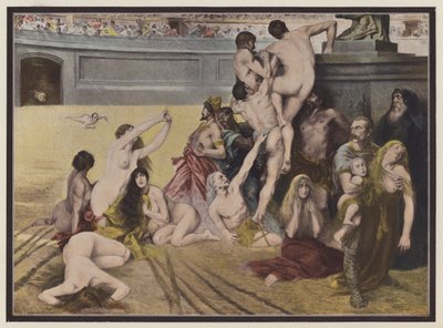 Sirkuset, folk kastet for løvene i en romersk arena (farge litho) av European School