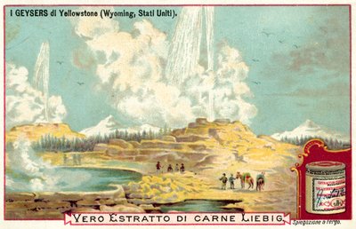 Geysirene i Yellowstone nasjonalpark, Wyoming, USA (chromolitho) av European School