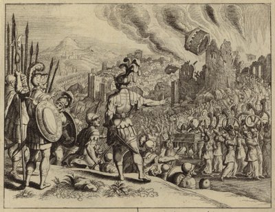 Trompetene til Josva braker ned Jerikos murer (gravering) av European School