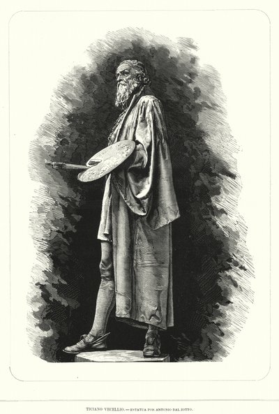 Titian, italiensk renessansekunstner, statue av Antonio Dal Zotto (litho) av European School