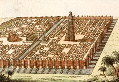 Tower of Babel, Royal Palace and Hanging Gardens of Bablyon (farget gravering) av European School