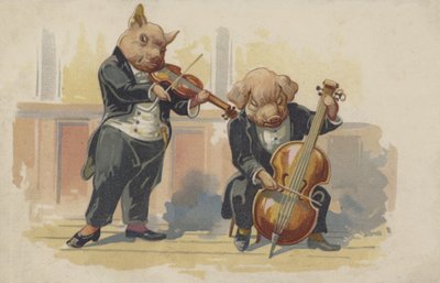 To griser som spiller musikkinstrumenter (fargelitografi) av European School