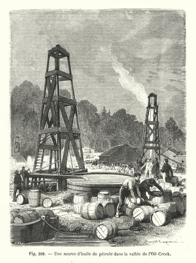 En kilde til petroleumsolje i Oil-Creek-dalen (gravering) av European School