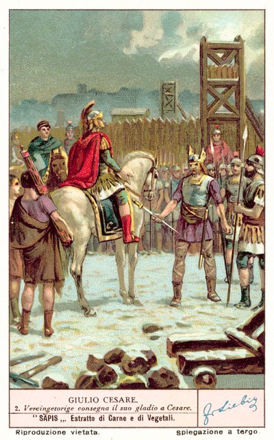 Vercingetorix overga sverdet sitt til Julius Caesar etter beleiringen av Alesia, 52 f.Kr. (chromolitho) av European School