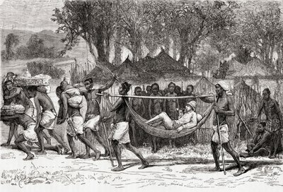 Verney Lovett Cameron ankommer landsbyen Oulonnda, Afrika, 1878 (tregravering) av European School