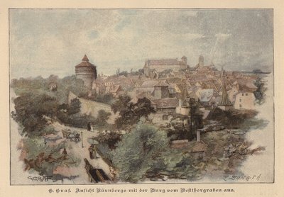 Utsikt over Nürnberg og slottet, Tyskland (farget gravering) av European School