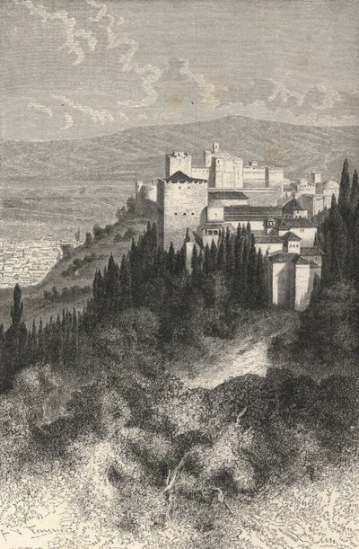 Utvendig utsikt over Alhambra (gravering) av European School