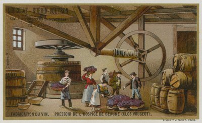 Vinproduksjon: vinpresse fra Hospices de Beaune, Clos de Vougeot, Burgund, Frankrike av European School