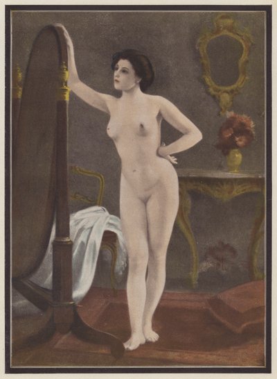Kvinne foran speilet (farge litho) av European School
